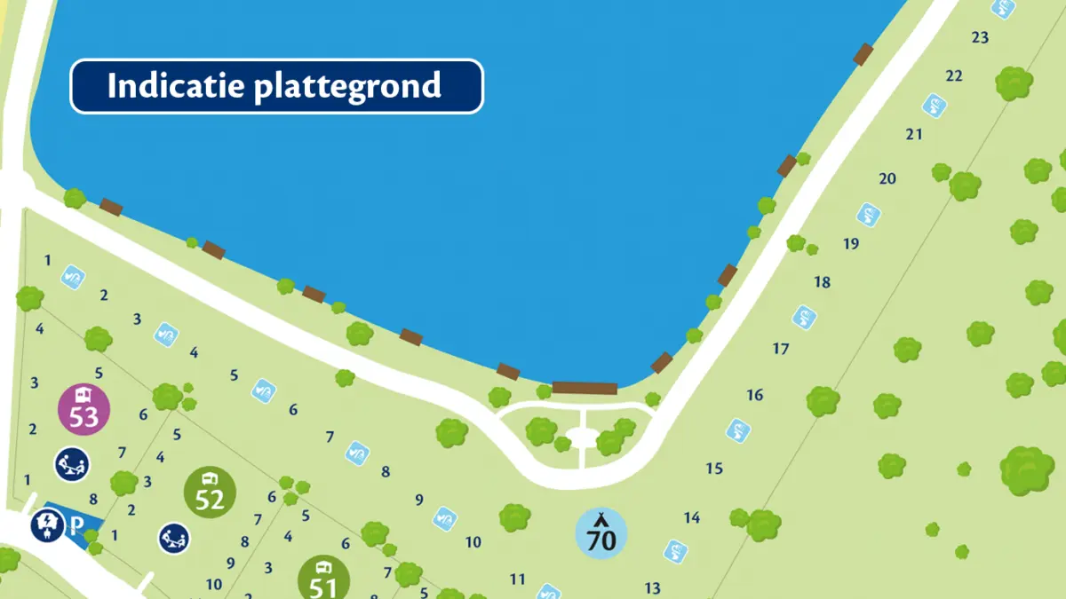 Indicatie plattegrond veld 70 Oever Privé Sanitair kampeerplaats