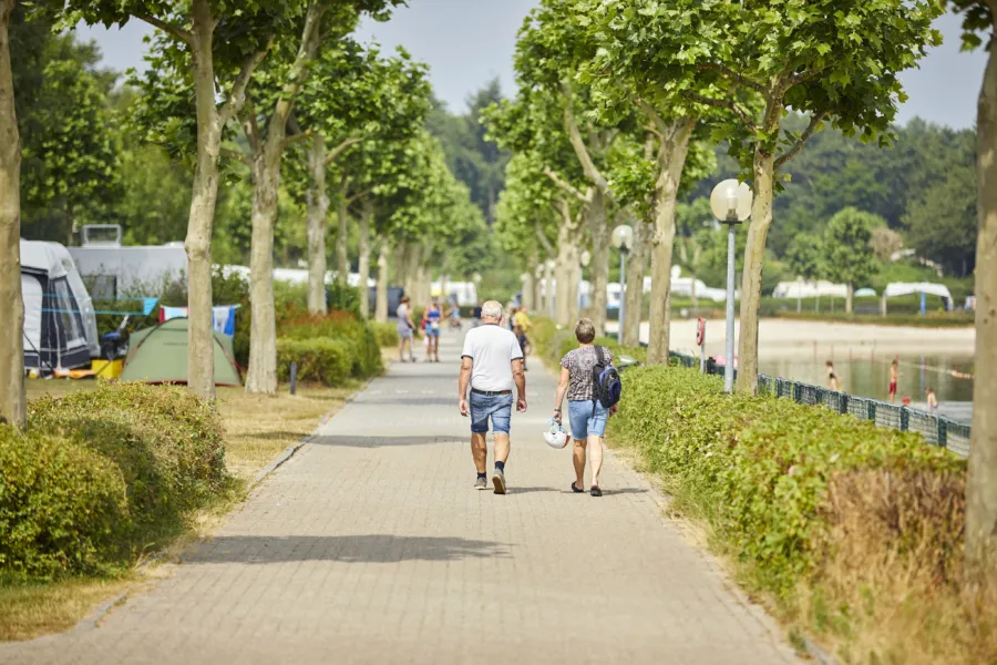 stel loopt op de weg naast het water